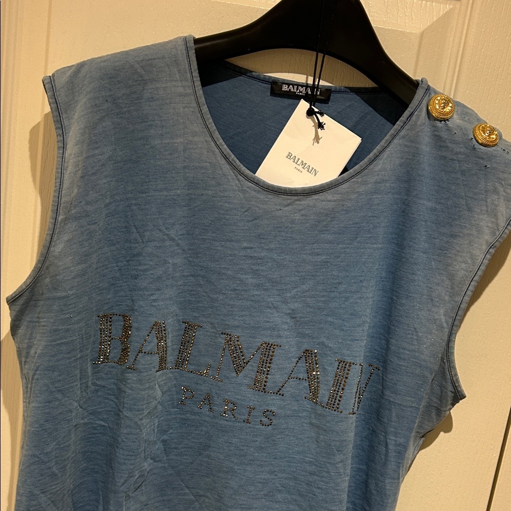 Balmain Blue Sleeveless Top with gold
Button detail